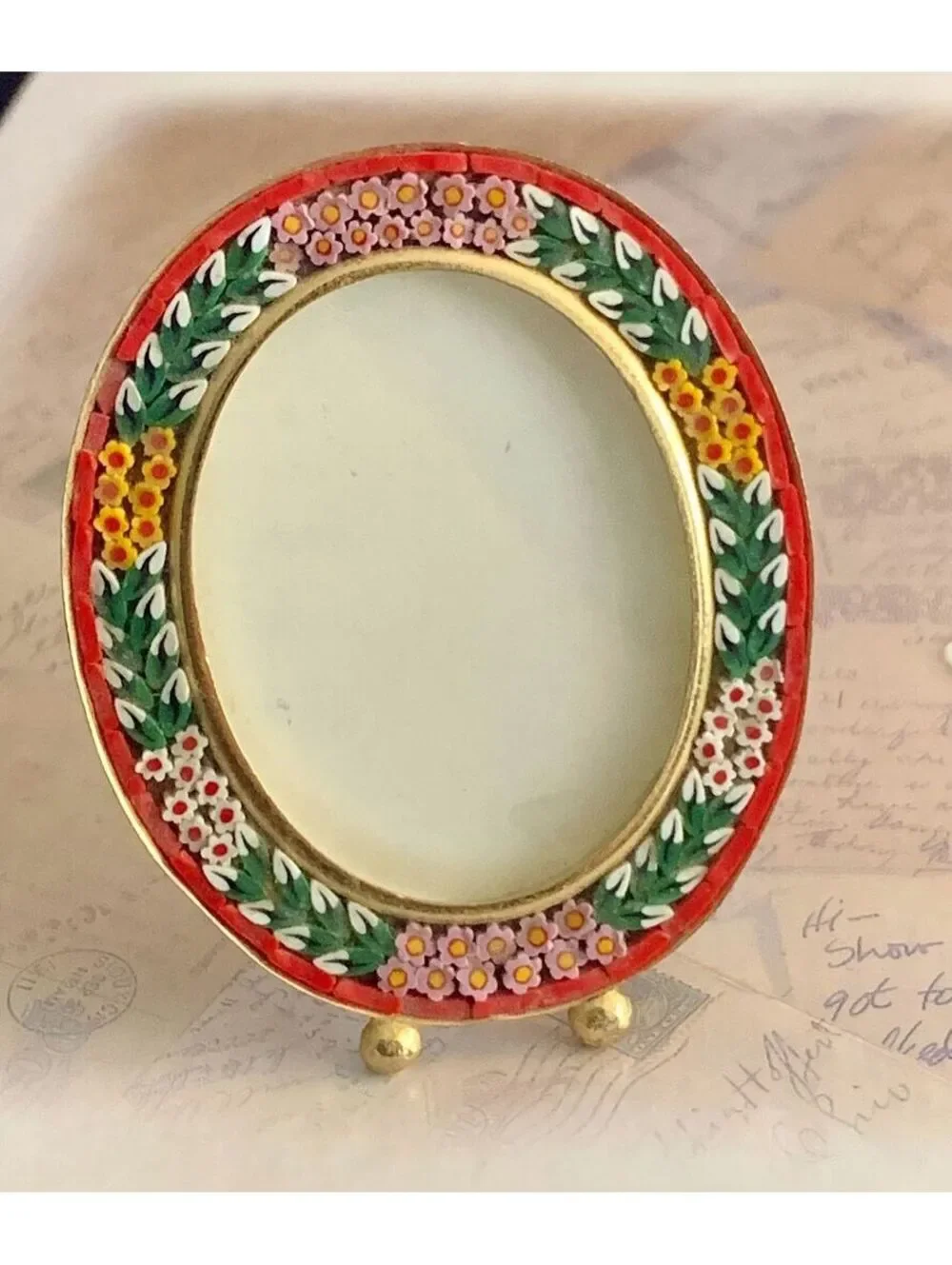 Vintage Italian Micro Mosaic Picture Frame Floral Oval Desktop Stand